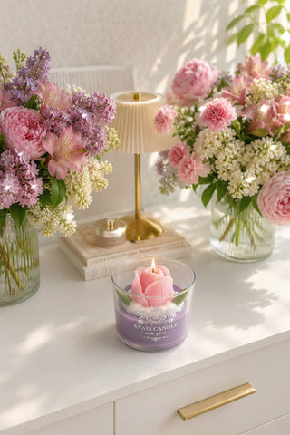 Blooming Tulip Candle styled on a marble dining table for spring brunch