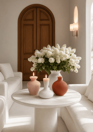 Casa Organic Modern Vessel Candle Set of 3 on a marble vanity in a hotel suite