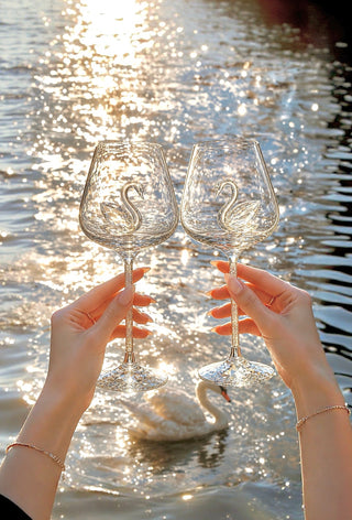 Crystal Swan’s Promise Wine Glass Cup Set of 2 on a marble dining table