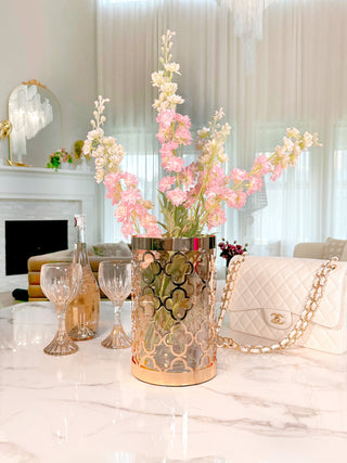 Timeless Metal Four-Leafed Clover Glass Vase - XXL styled with tall pink florals.