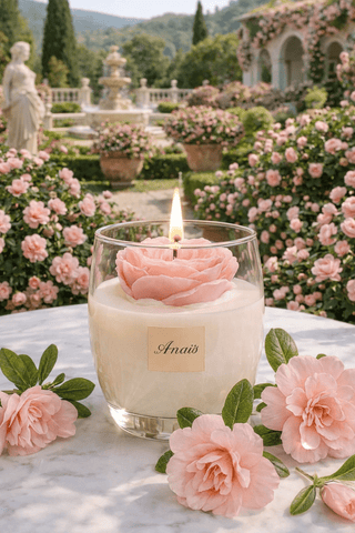 Austin Rose Candle featured at an outdoor, luxurious garden