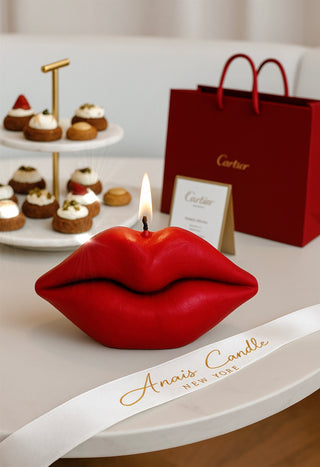Red Lips Candle displayed on a high-end restaurant's dining table.