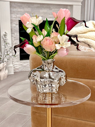 Alexander Male Bust Ceramic Vase - Silver Electroplated in a luxurious living room.