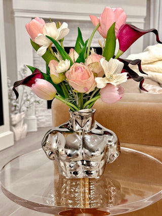 Alexander Male Bust Ceramic Vase - Silver Electroplated on top of a luxurious acrylic side table.