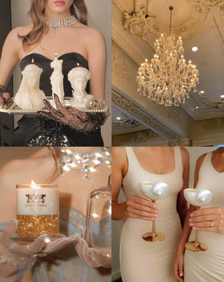 Anais Candle lifestyle collage featuring Majeste Doree Candle and Seashell Enchante.