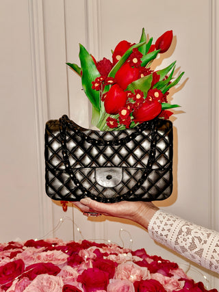 Anastasia Handbag Resin Vase in Ultra Black with red roses.