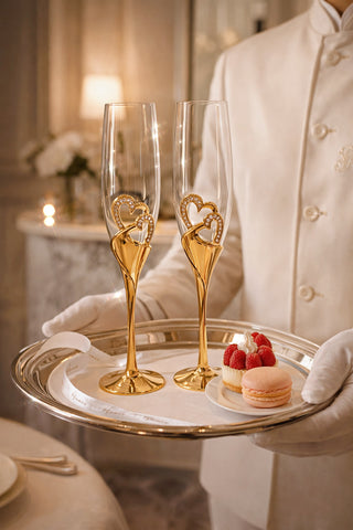 A butler serves drinks and dessert with the Imperial Diamond Heart Champagne Flutes