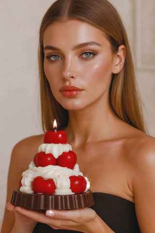 A model holds the Cherries-and-Cream Tart Candle in a fine dining establishment.
