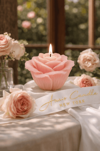 La France Rose Candle Set of 3 surrounded by lush florals in an indoor garden