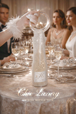 Château Crystal Bottle Tote featured at a couple's beautiful wedding table.