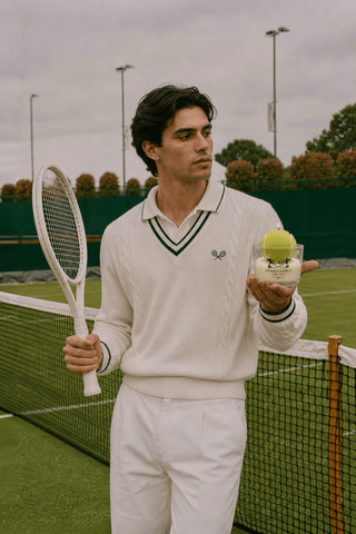 A man poses with a Club de Tennis Candle and his racket