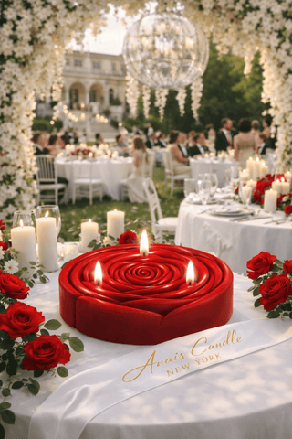 3-Wick Brilliant Rose Candle in Red featured at an outdoor, luxury, boho wedding