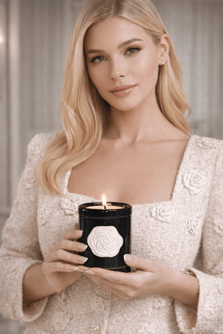 Camellia Elegance Candle in Black with a White Camellia motif on the front.