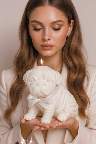 A woman poses with the Guardian Glow Bulldog Candle in White.