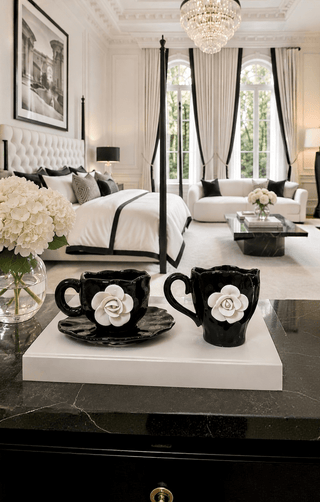 Camellia Romance Ceramic Tea/Coffee Cup Set of 2 on a marble kitchen island