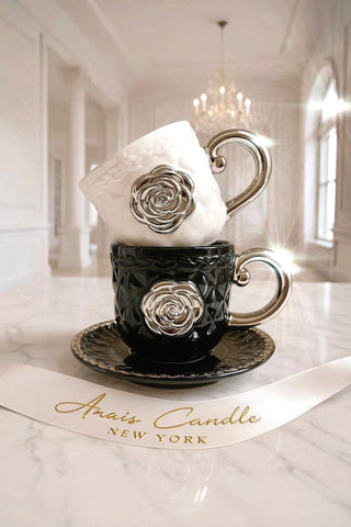 Camellia Haute Quilted Ceramic Tea & Coffee Cup Set in a serene French chateau