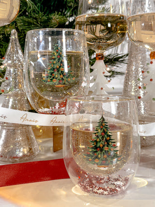 Christmas Confetti Glass Cup Set of 2 surrounded by gold satin Anaïs ribbon.