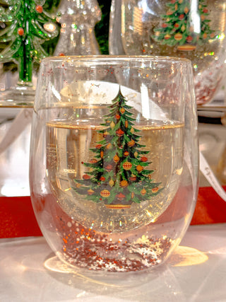 Christmas Confetti Glass Cup close up of the confetti and Christmas Tree print.