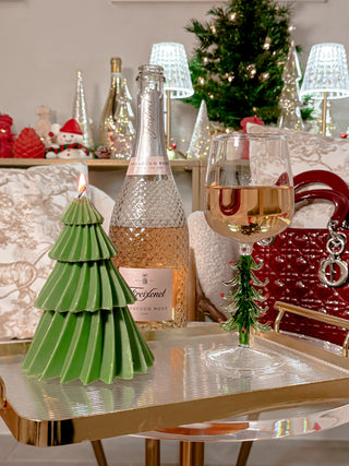 Christmas Tree Glass Cup - Handmade atop a gold and acrylic serving tray.