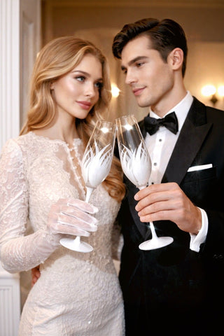 Newlyweds posing and toasting with the Feather Bliss Champagne Flutes by Anaïs.