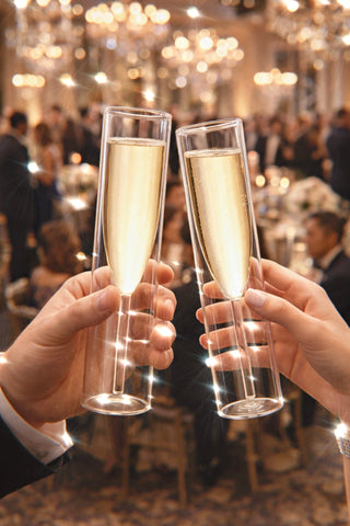 Two people clinking the Maeve glasses at a festive indoor setting with chandeliers.