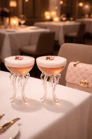 Rainbow Octopus handcrafted glass cups styled for a summer dinner party