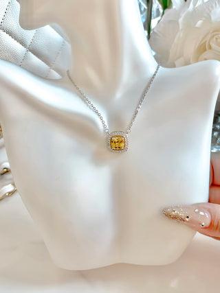Yellow Sapphire Halo Emerald Cut Rhinestone Necklace