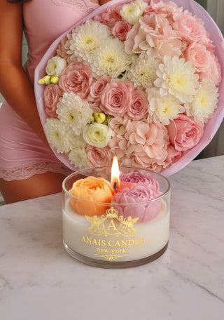 The Peony Bouquet Candle made with all-natural soy wax and cosmetic grade beeswax.