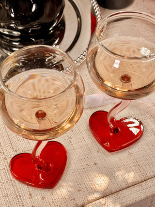 “My Valentine” Wine Glass Cup Set of 2 atop a luxurious credenza.