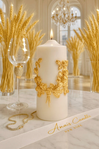 “Promise of Life” -Golden Wheat Pillar Candle XXL is hand-painted.
