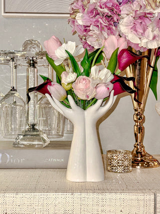 Luxurious Hand Ceramic Vase decorated next to crystal champagne glasses and florals.