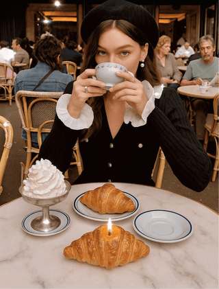 A woman enjoys a latte with a croissant and a French Croissant Candle in Paris.