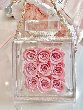 Everlasting Roses in Parfum Box in French Rose Pink with white leather chain strap.