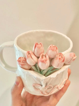 Romantic Floral Ceramic Mug - Handcrafted with a ceramic tulip bouquet.