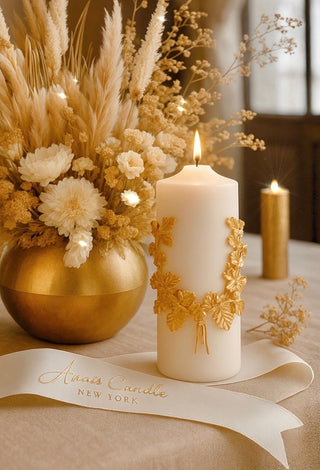 “Promise of Life” -Golden Wheat Pillar Candle XXL displayed in a modern home.