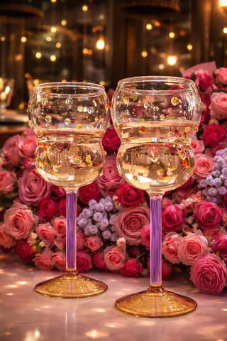Luxurious Gemstones glass cup set displayed on a marble dining table