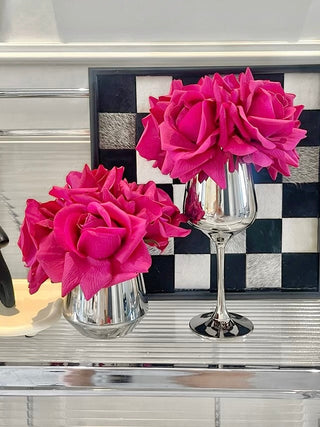 Luxurious Artificial Rose Blossom With Sliver Flute Vase Set of 2