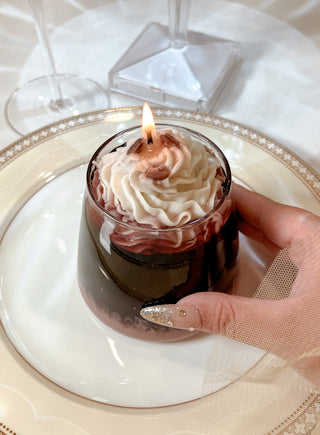 Chocolate Latte Candle lit on an elaborate plate.