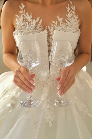 Crystal Swan’s Promise Wine Glass Cup Set of 2 styled for an anniversary dinner