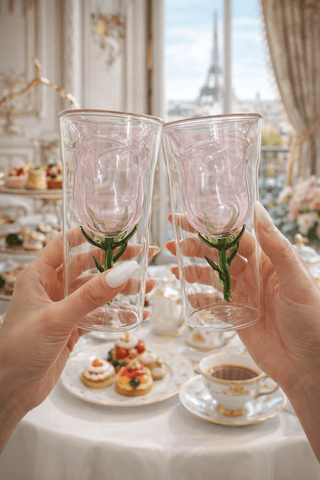 Enchanted Rose Glass Cup Set of 2 used for champagne at an elegant dinner