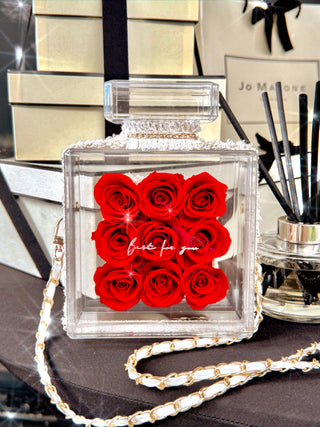 Everlasting Roses in Parfum Box - Lipstick next to black and white gift boxes.