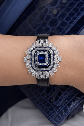 Royal Sapphire Leather bracelet worn to a black tie evening event