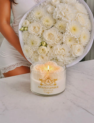 Peony Bouquet Candle in White in a high-end 5-star hotel bedroom