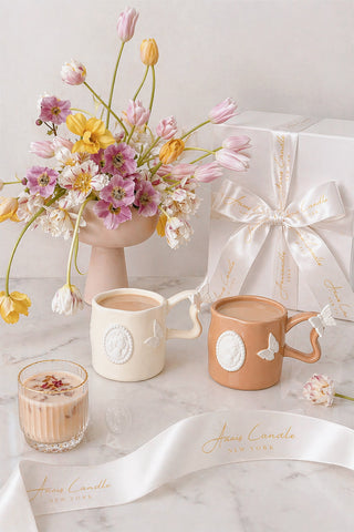 Butterfly Étoile Ceramic Tea/Coffee Cup Set of 2 on a marble breakfast tray