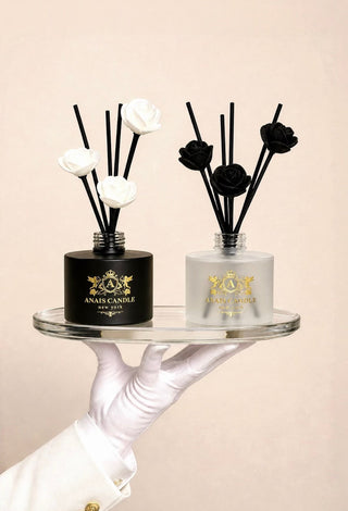 Noir et Ivoire Diffuser Set on a polished stone vanity