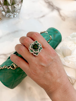 Emerald Flower Rhinestones Adjustable Ring