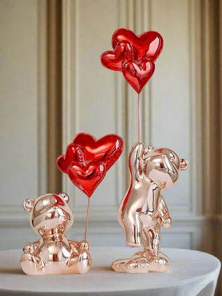 Fleeting Love Bears with Heart Balloon Sculpture Set of 2 - Extra Large on a cloth table.