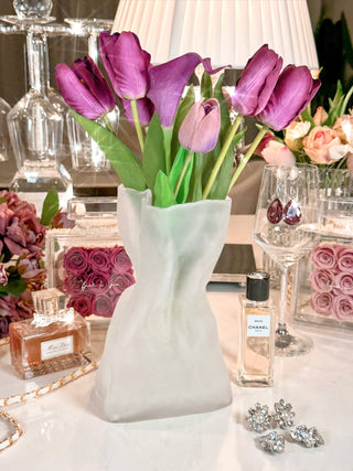 Giovanna Crinkled Frosted Glass Bag Vase surrounded by luxurious everlasting roses and Anais decor.