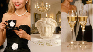 Woman holding a teacup with a white rose, decorative candle, and two glasses of champagne.