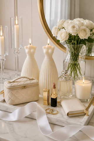 A styled vanity scene with two cream pleated candle holders shaped like female dress forms, white candles, a quilted cream makeup case, gold and black lipstick, a perfume bottle, rings, a small notebook, and a marble tray, with a mirror reflecting white roses.